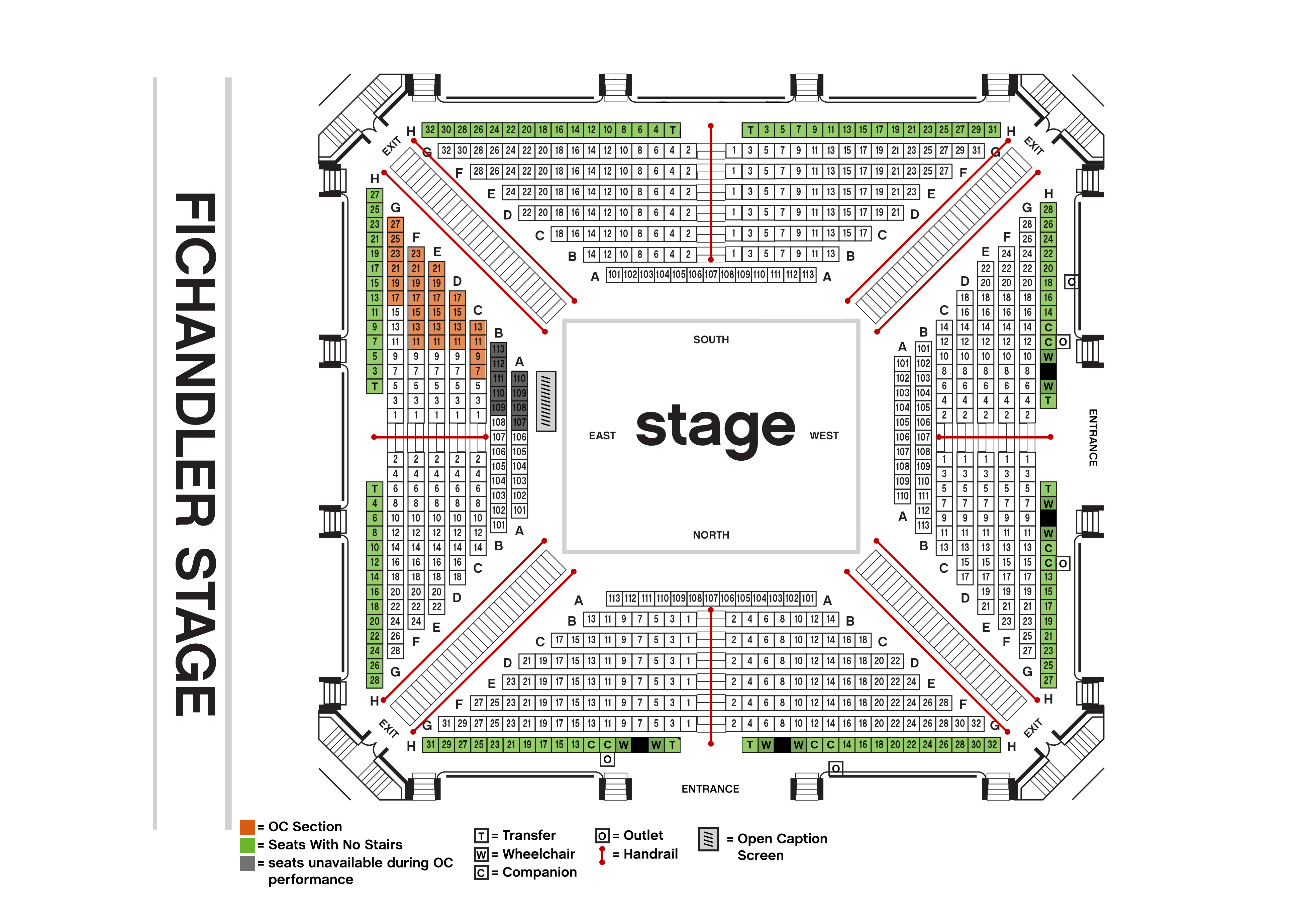 Map highlighting accessible seating within the fichandler theater.
